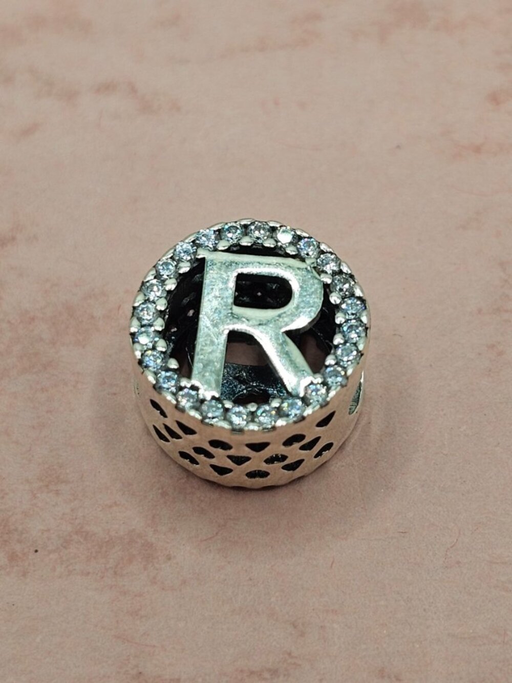 925 Silver Letter R Round CZ Charm for Bracelet